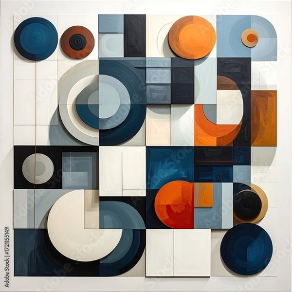 Fototapeta Abstract geometric composition of circles and squares in shades of blue, orange, and white