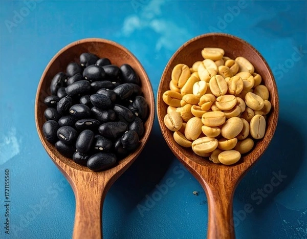 Fototapeta Two wooden spoons, one with black beans, the other with coffee beans, on a blue surface