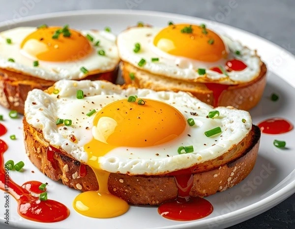 Fototapeta Fried eggs on toast with a drizzle of sauce