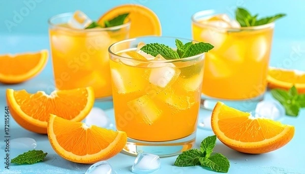 Fototapeta Refreshing orange drinks with ice and mint (1)