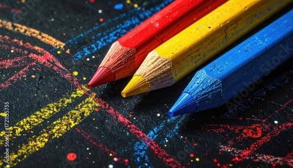 Fototapeta Close-up of three colored pencils; red, yellow, and blue, resting on a dark surface with colorful markings
