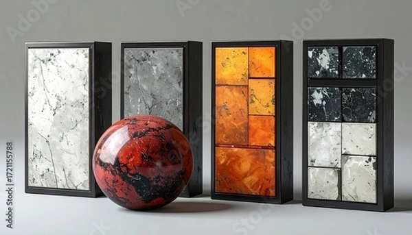 Fototapeta Five rectangular panels, different stone textures, with a red sphere