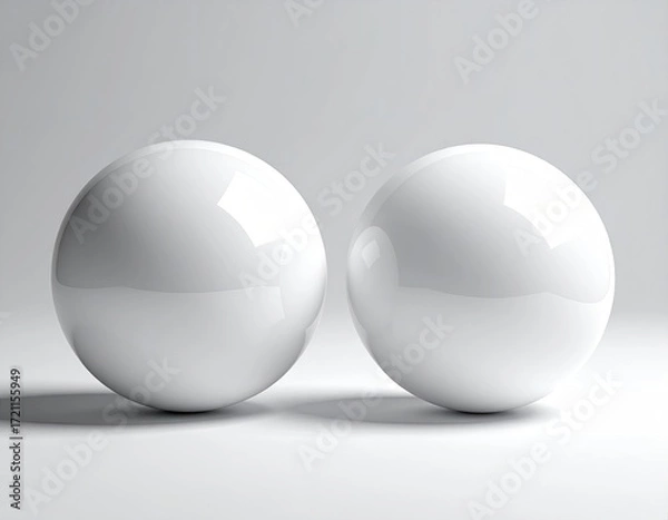 Fototapeta Two smooth, glossy white spheres on a light gray surface