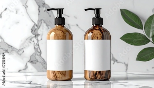 Fototapeta Two pump bottles, light beige and dark brown, with white labels, on a marble surface,  with green leaves