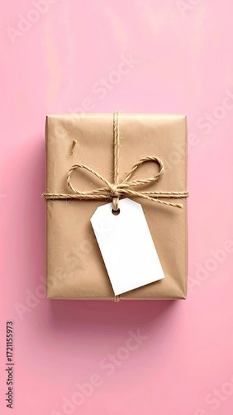 Fototapeta Wrapped gift box with twine and tag on pink background