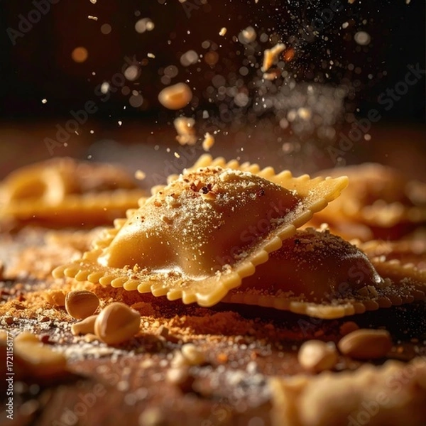Fototapeta Ravioli, nuts, and a sprinkle of spice