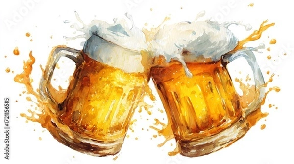 Obraz Two Beer Mugs Toasting with a Dynamic Splash - Watercolor Art