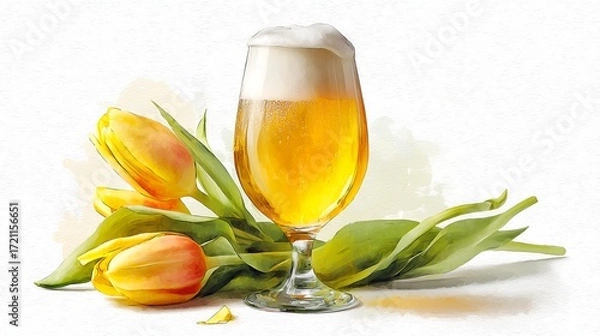 Obraz Elegant Glass of Beer with Foam and Tulips - Watercolor Illustration