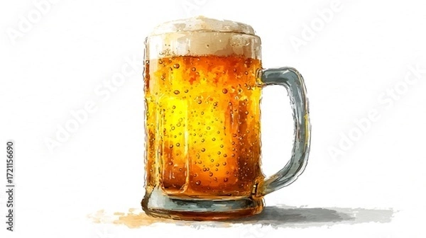 Obraz Watercolor Illustration of a Fresh Beer Mug with Foam