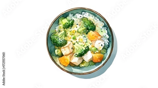 Obraz Healthy Tofu Buddha Bowl with Broccoli and Rice - Watercolor Top View
