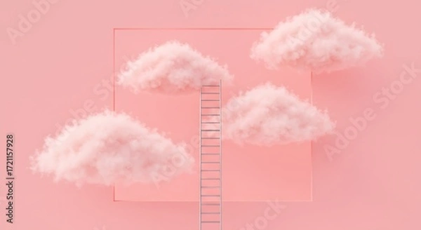 Fototapeta Metal ladder rising into a pink cloud on pastel background — abstract concept of ambition and escape.