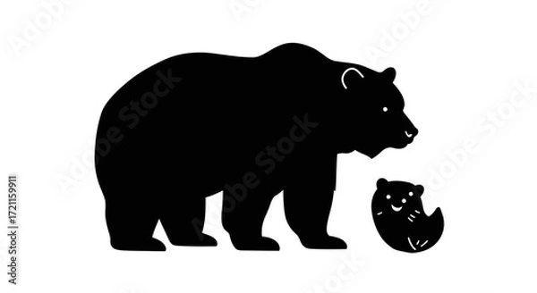 Fototapeta Silhouette of a mother bear and cub in black and white a symbol of nature and wildlife protection
