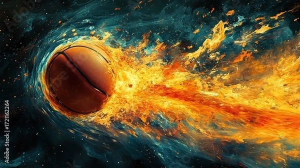 Fototapeta Dynamic basketball action in a cosmic environment artistic illustration of movement and energy