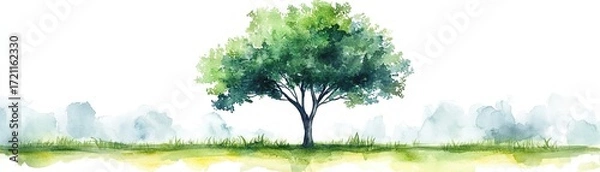 Fototapeta Graceful green tree in nature setting watercolor illustration tranquil environment serene viewpoint