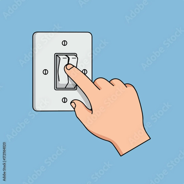 Fototapeta Hand switching light switch on light blue background in flat vector style
