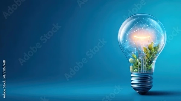 Obraz Eco-Friendly Light Bulb with Fresh Green Leaves Representing Sustainable Energy Innovation