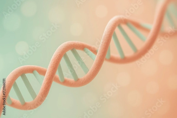 Fototapeta Pastel DNA double helix — peach & mint 3D macro on soft bokeh background