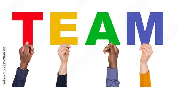 Fototapeta Team - hands holding colorful letters  isolated on white or transparent background 