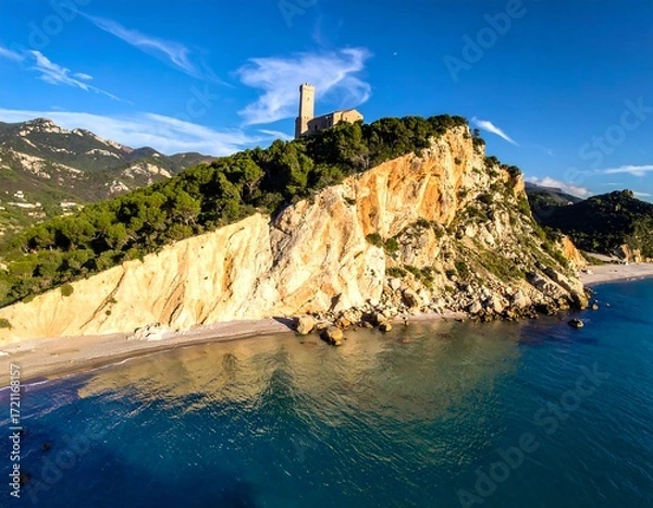 Obraz Coastal cliffs, beach, and tower