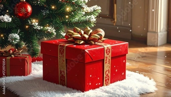Fototapeta Red Gift Box Under Christmas Tree on White Mat