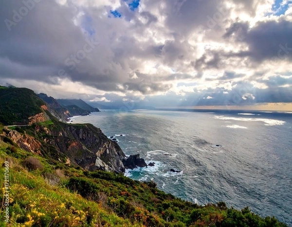 Obraz Coastal cliffs meet the stormy sea
