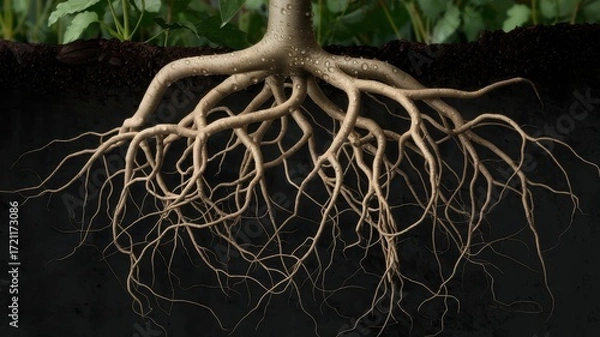 Fototapeta Extensive root system of a plant, reaching deep into the soil.