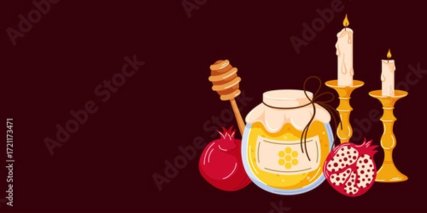 Fototapeta Rosh Hashanah greeting banner with honey jar, honey dipper, pomegranate and candle card for jewish new year celebration in cartoon.