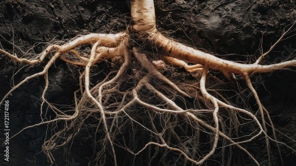 Fototapeta Extensive root system of a plant emerging from the soil.