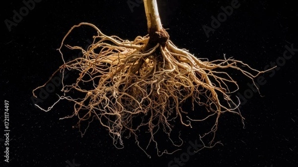 Fototapeta Close-up view of a plant's extensive root system.