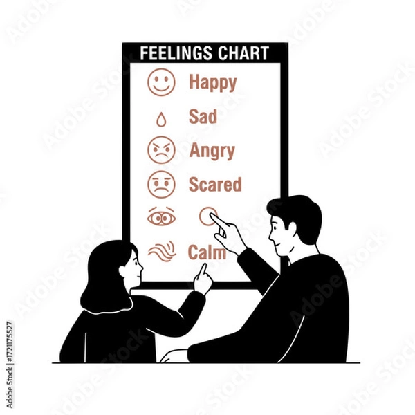 Fototapeta Vector art of adult and child pointing at feelings chart