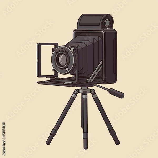 Fototapeta Classic black camera on tripod, bellows extended, on light beige background