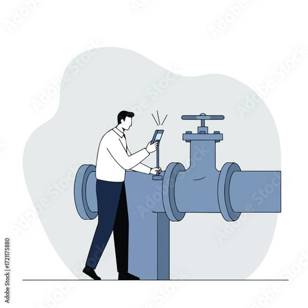 Fototapeta Man checks large blue valve with a digital device, minimal line art style