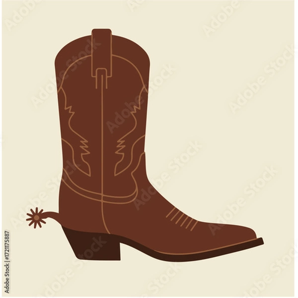 Fototapeta Brown cowboy boot with decorative stitching and spur on light beige background