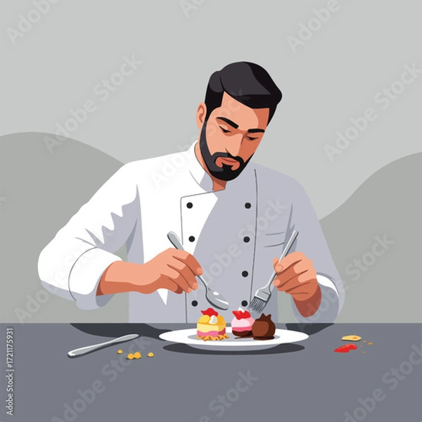 Fototapeta Chef plating desserts with artistic detail using utensils, grey backdrop