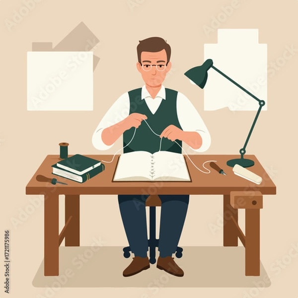 Fototapeta Man at desk repairs a book. Lamp, tools, paper & finished books. Vector art