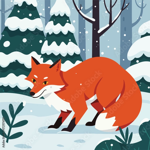 Fototapeta Cartoon fox in a snow-covered forest, stylized and simple graphic illustration