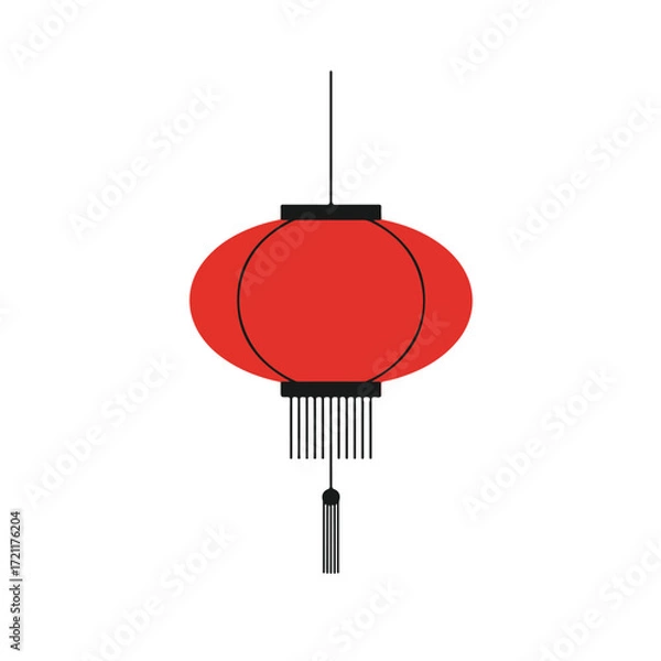 Fototapeta Isolated, red, round paper lantern with black fringes & details