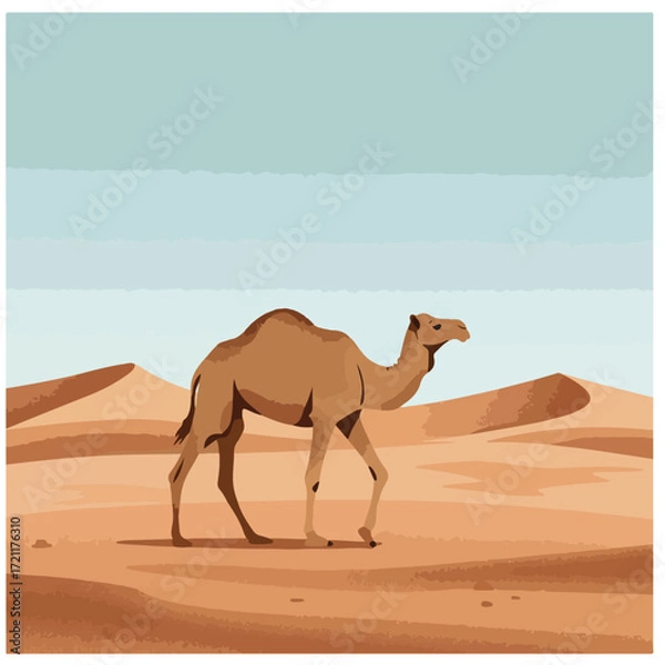 Fototapeta Camel strolls across a desert landscape with dunes against a pale blue sky