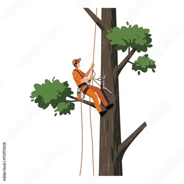 Fototapeta Tree surgeon in orange uniform climbing a tall tree using ropes and gear