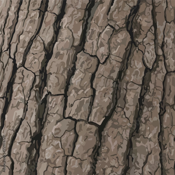 Fototapeta Illustrated close-up of heavily textured, brown tree bark with deep cracks