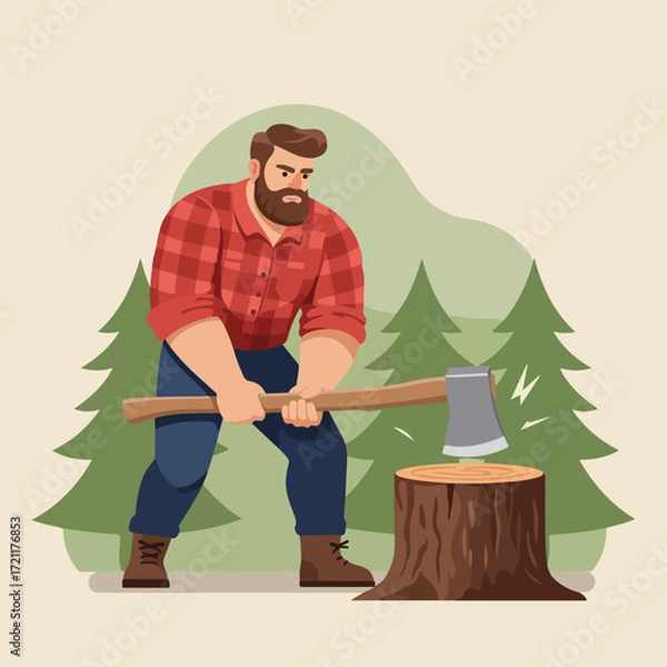 Fototapeta Cartoon of bearded man chopping wood with axe in a forest setting