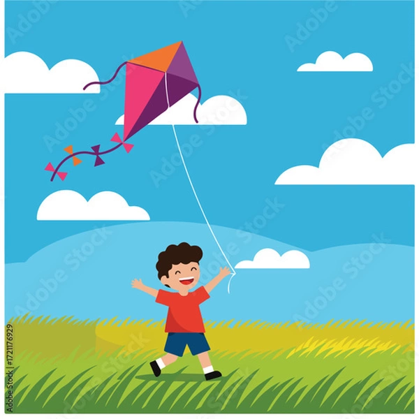 Fototapeta Boy flying kite in sunny field with fluffy clouds and a bright blue sky