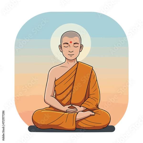 Fototapeta Monk meditates serenely in orange robes against a soft background