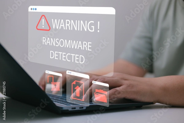 Fototapeta Proactive ransomware defense concept with warning message on screen, showing malware alert while hands type on laptop, related to cyberattack prevention, data protection, and network security system.