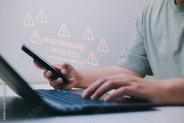 Fototapeta Proactive ransomware defense concept with multiple warning icons on screen, user using phone and laptop, related to cyberattack, data encryption, file hostage, and digital extortion threats.