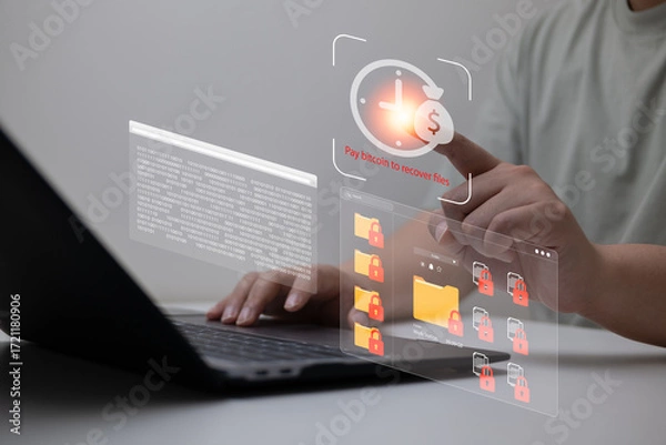Obraz Ransomware encryption attack concept with locked file icons, binary code, and bitcoin payment request, showing user interacting with screen under cyberattack and digital extortion scenario.