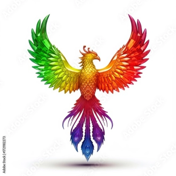 Obraz Rainbow Phoenix Bird with Colorful Feathers on White Background