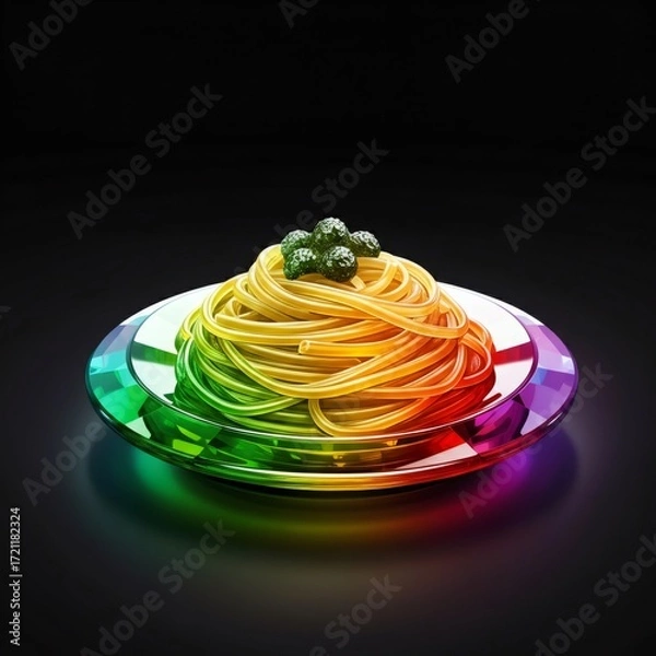 Obraz Rainbow Plate of Spaghetti with Green Garnish