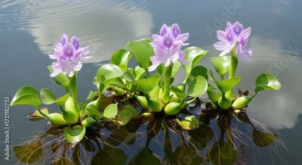 Fototapeta A serene water hyacinth cluster with blooms reflecting on the pond water