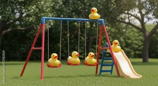 Fototapeta Whimsical playground scene featuring rubber ducks enjoying a colorful playset